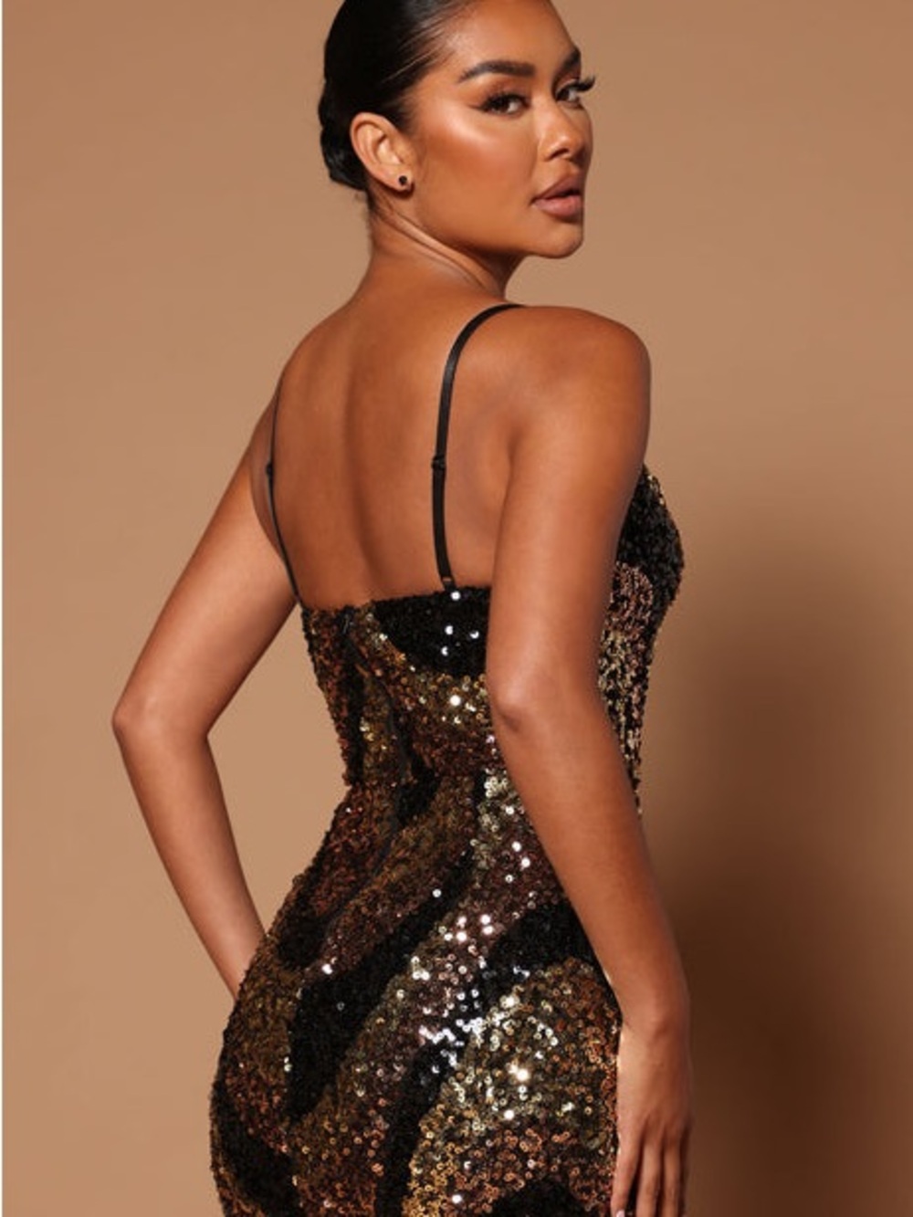 Fashion Nova Sequin Mermaid Maxi Dress Bronze Black Formal Evening Glam NWT - Picture 3 of 6